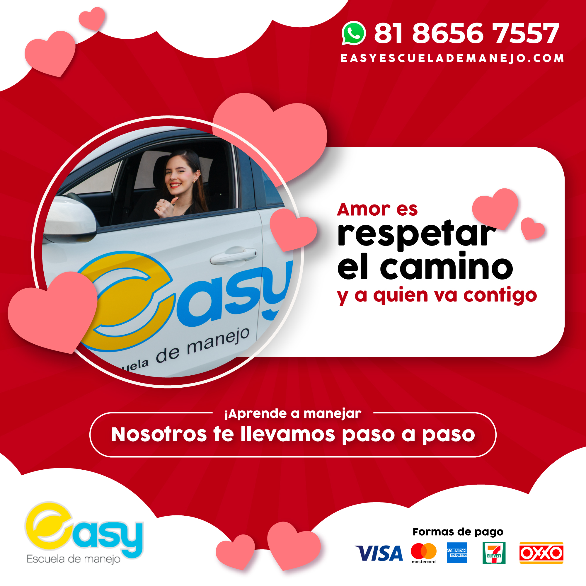 En Easy Escuela de Manejo te enseñamos a conducir con seguridad, confianza y conciencia, paso a paso.💬 Escríbenos y comienza hoy
📍 Monterrey
💛 Aprende a manejar con EasyAgenda tu cita por Whatsapp:
📲81 8656 7557
💳¡Paga seguro en línea desde nuestra página web!
🌐www.easyescuelademanejo.com