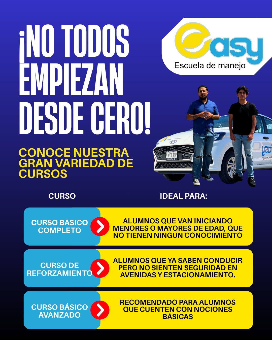 🚘 Aprender a manejar no siempre significa empezar desde cero.En Easy Escuela de Manejo contamos con cursos diseñados para cada etapa de tu aprendizaje.✨ Desde principiantes que nunca han tomado el volante, hasta conductores que solo necesitan reforzar estacionamiento, avenidas o ganar seguridad antes de obtener su licencia.📚 Tú eliges el curso que mejor se adapte a tu experiencia y objetivos.📲 Envíanos un mensaje y con gusto te ayudamos a encontrar el paquete ideal para ti. ¡Es momento de conducir con confianza! 💙🚗 818 656 7557
