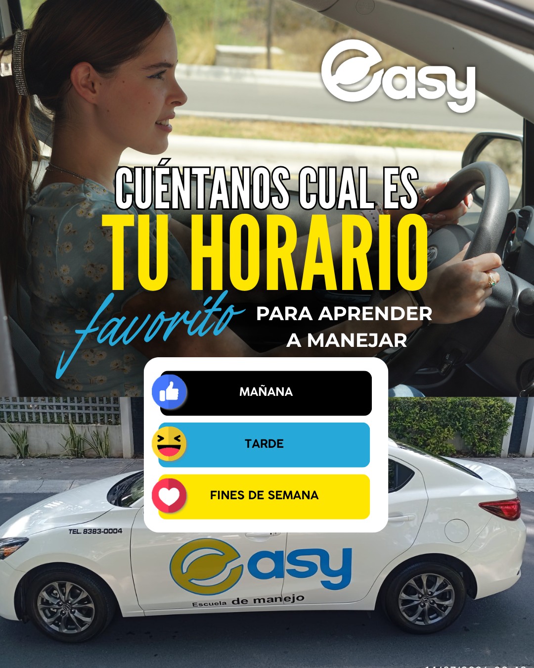 🚗 ¡Ayúdanos en Easy queremos ofrecer horarios que se adapten mejor a ti. Cuéntanos cuándo te gustaría tomar tus clases de manejo. 👇🌞 Mañana
🌇 Tarde
📅 Fin de semanaTu opinión nos ayuda a seguir mejorando nuestro servicio y crear más opciones para nuestros alumnos.📲 Easy Escuela de Manejo
81 8656 7557#EasyEscuelaDeManejo #ClasesDeManejo #Monterrey #AprenderAManejar #Encuesta #ManejoSeguro