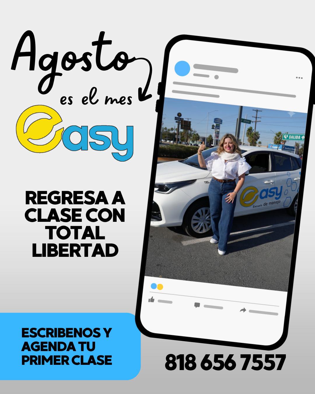 🚗 Agosto es el mes para empezar
¿Cuántas veces has pensado: “ya voy a aprender a manejar”? 👀Este agosto puede ser el momento de dejarlo para después y comenzar a ganar la seguridad y libertad que necesitas al volante.
En Easy Escuela de Manejo te acompañamos paso a paso, con instructores capacitados y clases pensadas para que aprendas a manejar con confianza. 🙌🚘📅 Regresa a clase con total libertad.
📲 Escríbenos y agenda tu primera clase: 818 656 7557#EasyEscuelaDeManejo #AprendeAManejar #ClasesDeManejo #Agosto #ManejaConConfianza #LibertadAlVolante