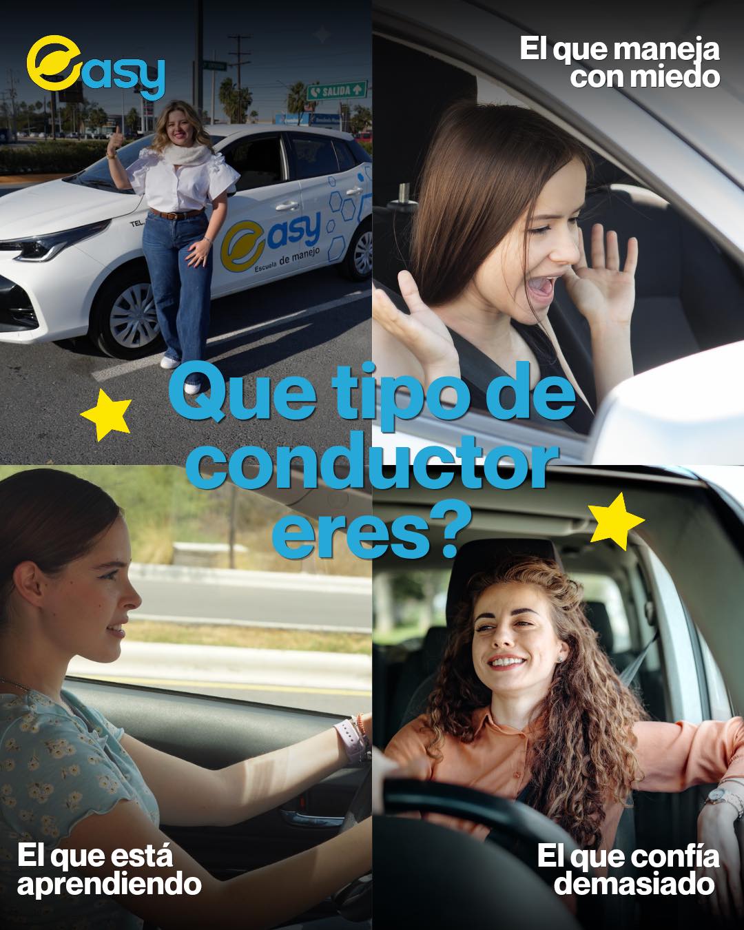 🚗 ¿Qué tipo de conductor eres?¿Manejas con miedo, estás aprendiendo o ya confías demasiado? 😅
La clave está en conducir con seguridad, técnica y confianza.En Easy te ayudamos a convertir tus dudas en habilidades al volante. 💙💛📲 Informes: 818 6567557#EasyEscuelaDeManejo #AprendeAManejar #SeguridadVial #ConducciónSegura