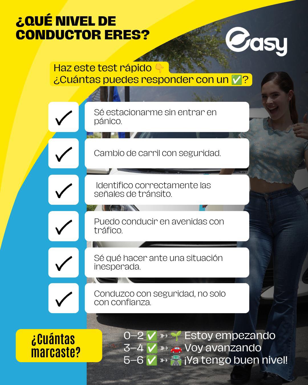 🚘 ¿Qué nivel de conductor eres?Manejar no es solo saber mover el auto. También implica tener seguridad, conocer las reglas y saber reaccionar ante diferentes situaciones.Haz nuestro test rápido y descubre en qué nivel estás. 👇💬 Comenta cuántos ✅ obtuviste.Y si todavía hay situaciones que te generan inseguridad, en Easy Escuela de Manejo podemos ayudarte a ganar práctica y confianza al volante.📲 818 656 7557
